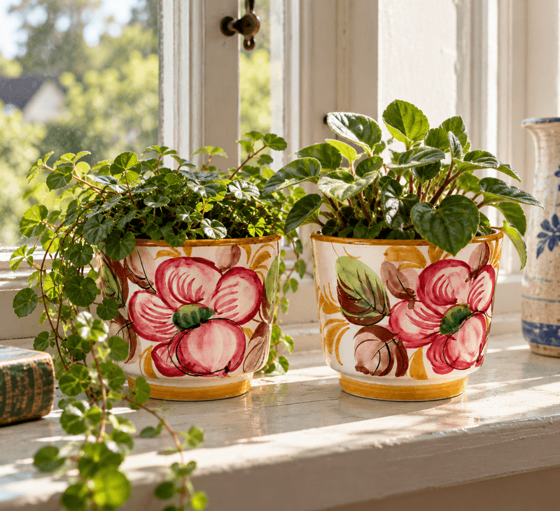 To italienske potteskjulere med rosa blomster – selges samlet