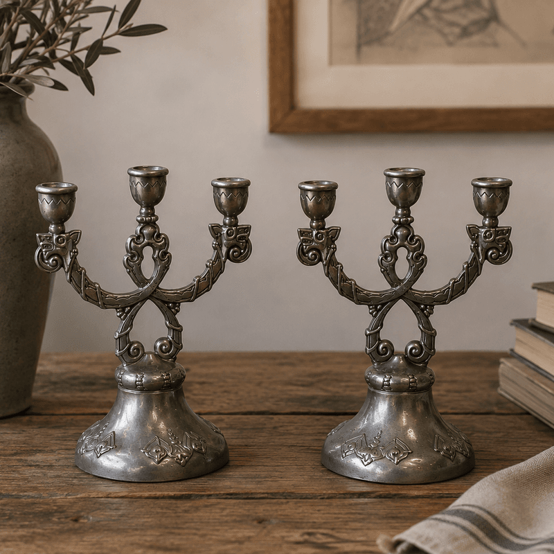 2 tre-armede lysestaker i metall